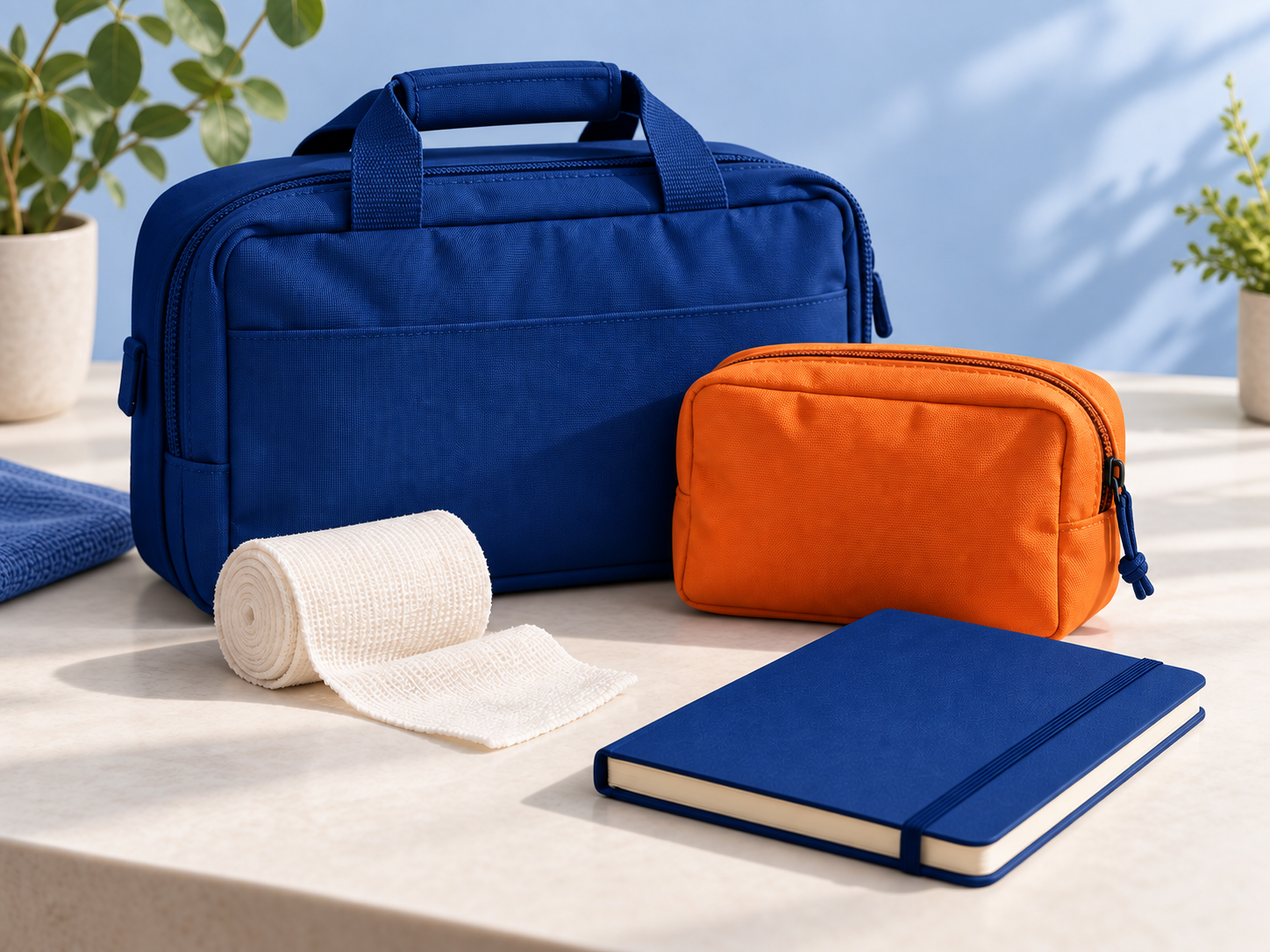 Conceptual illustration of training supplies in the institute’s blue and orange colours